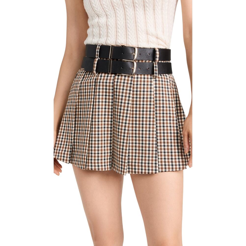 Moon River Plaid Brown Belted Mini Skirt Size M